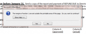 screenshot asking to print outside the established margin