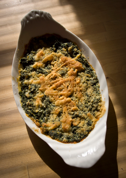 creamed spinach in gratin dish