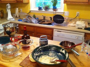 kitchen in the midst of cooking, dishes everywhere