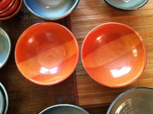 shino glaze, center stripe bowls